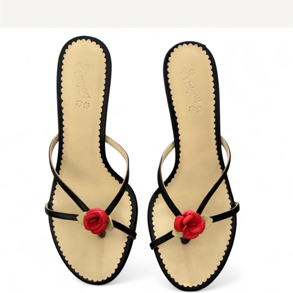 Elegant Black and Red Floral Kitten Heels
